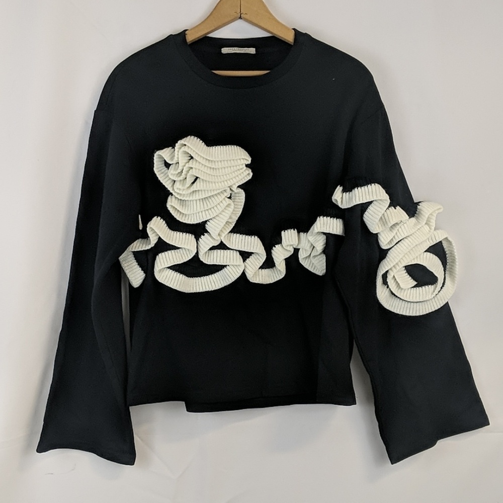Zara Black White Bell Sleeve Ruffled Sweater S